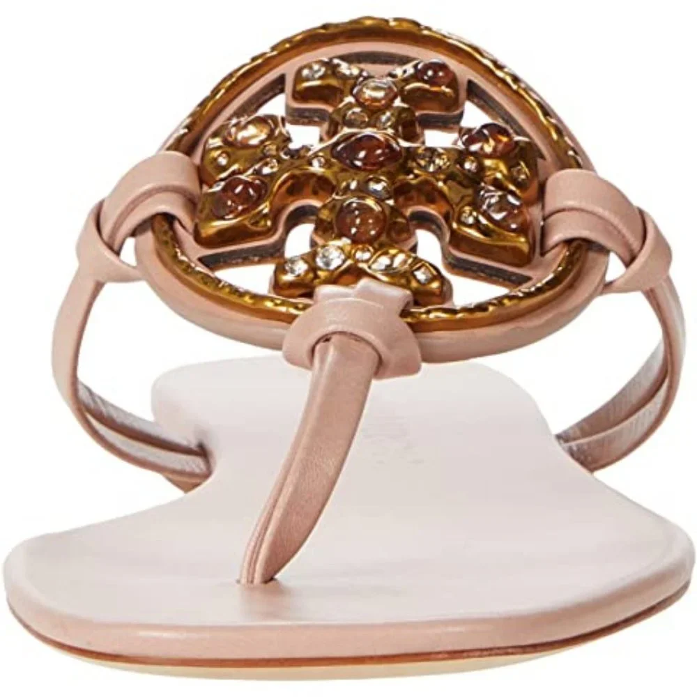 Tory Burch Miller Jeweled Leather Thong Sandals Meadowsweet Peachy Pink